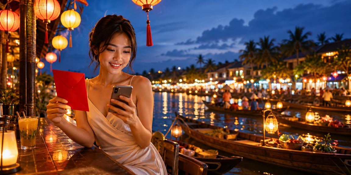 Không khí chợ đêm Phan Thiết với phong bao đỏ và các ưu đãi thưởng lễ hội